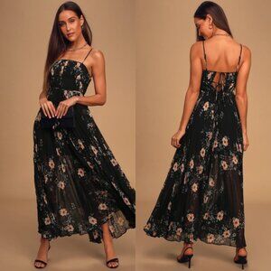 Flowering Romance Black Floral Print Pleated Maxi Dress